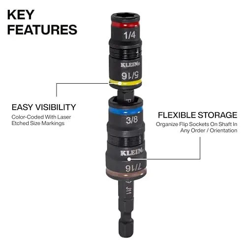 Klein Tools 32932 5-in-1 SAE Impact Socket Set, 2 Flip Sockets with 1/4, 5/16, 3/8, 7/16 Nut Driver Sizes and 1/4-Inch Bit Holder, Impact Rated 3-1/2-Inch Shaft - 3