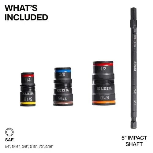 Klein Tools 32933 Klein Tools 32933 Impact Driver, SAE 7-in-1 Impact Rated Socket Set, 3 Flip Sockets with 6 Hex Driver Sizes and 1/4-Inch Bit Holder, 5-Inch Shaft - 2