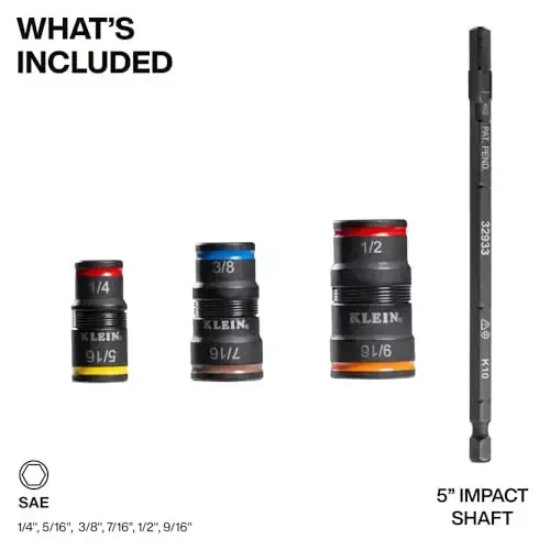 Klein Tools 32933 Impact Driver, SAE 7-in-1 Impact Socket Set, 3 Flip Sockets with 6 Hex Driver Sizes and 1/4-Inch Bit Holding Feature, Impact Rated 5-Inch Shaft - 2