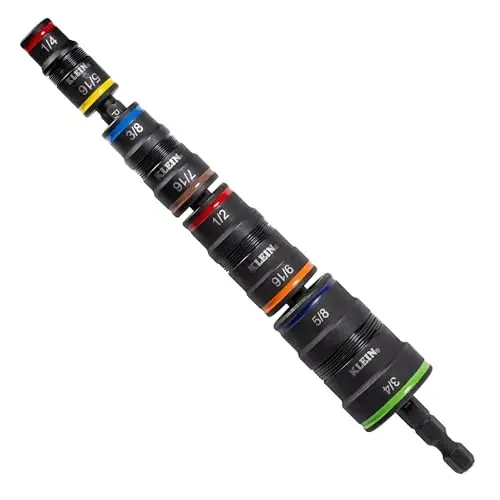 Klein Tools 32934 Impact Driver, 9-in-1 SAE Impact Socket Set, 4 Flip Sockets with 1/4, 5/16, 3/8, 7/16, 1/2, 9/16, 5/8, and 3/4-Inch Nut Driver Sizes with Bit Holder, 6-1/2-Inch Shaft - 1