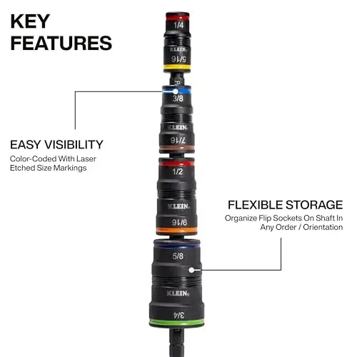 Klein Tools 32934 Impact Driver, 9-in-1 SAE Impact Socket Set, 4 Flip Sockets with 1/4, 5/16, 3/8, 7/16, 1/2, 9/16, 5/8, and 3/4-Inch Nut Driver Sizes with Bit Holder, 6-1/2-Inch Shaft - 3