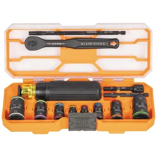 Klein Tools 65242 KNECT Impact Socket Set, Ratcheting Screwdriver Set, 1/4-Inch Drive, 4 SAE and 4 Metric Flip Sockets, 16 Hex Sizes, Adapters, MODbox Case - 1