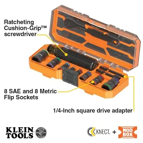 Klein Tools 65242 KNECT Impact Socket Set, Ratcheting Screwdriver Set, 1/4-Inch Drive, 4 SAE and 4 Metric Flip Sockets, 16 Hex Sizes, Adapters, MODbox Case - KLEIN TOOLS (1)