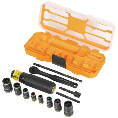 Klein Tools 65242 KNECT Impact Socket Set, Ratcheting Screwdriver Set, 1/4-Inch Drive, 4 SAE and 4 Metric Flip Sockets, 16 Hex Sizes, Adapters, MODbox Case - 7