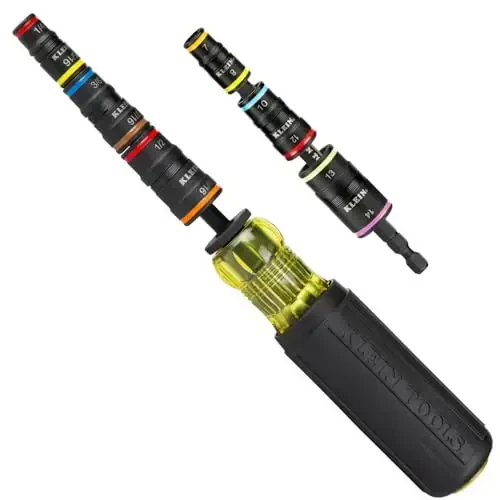 Klein Tools 80192 Impact Metric Socket Set and SAE Socket Set, 7-in-1 and 6-in-1 Kit with Handle, 12 Color-Coded Hex Drivers, Quick-Connect Impact Driver Compatible - 1