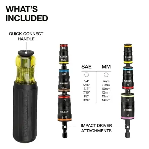 Klein Tools 80192 Impact Metric Socket Set and SAE Socket Set, 7-in-1 and 6-in-1 Kit with Handle, 12 Color-Coded Hex Drivers, Quick-Connect Impact Driver Compatible - KLEIN TOOLS (1)