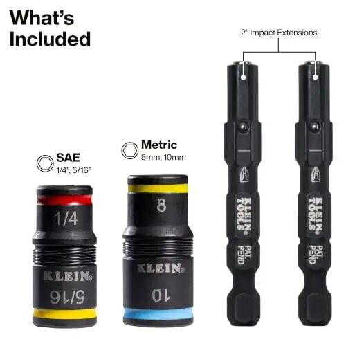 Klein Tools 80213 2-Piece Impact Socket Set, SAE and Metric Flip Socket Set, 4 Hex Nut Driver Sizes and 1/4-Inch Bit Holder, 2-Inch Shafts - 2