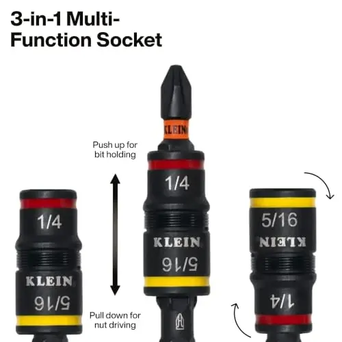 Klein Tools 80213 2-Piece Impact Socket Set, SAE and Metric Flip Socket Set, 4 Hex Nut Driver Sizes and 1/4-Inch Bit Holder, 2-Inch Shafts - 3