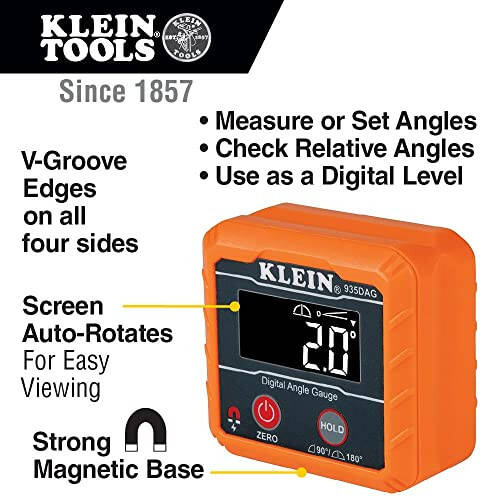 Klein Tools 935DAG Digital Electronic Level and Angle Gauge, Measures 0 - 90 and 0 - 180 Degree Ranges, Measures and Sets Angles - 8