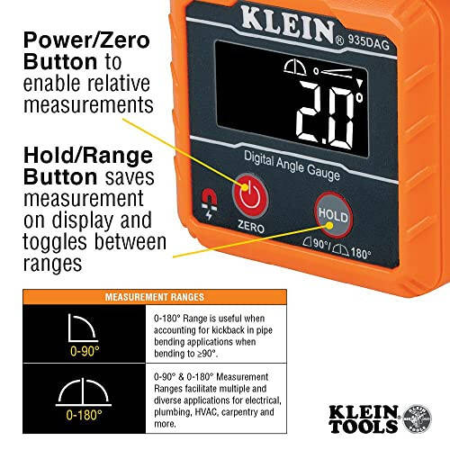 Klein Tools 935DAG Digital Electronic Level and Angle Gauge, Measures 0 - 90 and 0 - 180 Degree Ranges, Measures and Sets Angles - 9