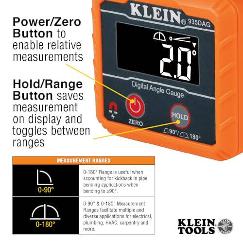 Klein Tools 935DAG Digital Electronic Level and Angle Gauge, Measures 0 - 90 and 0 - 180 Degree Ranges, Measures and Sets Angles - 3