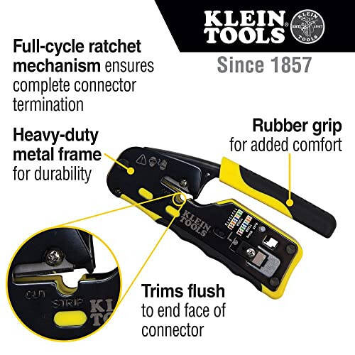 Klein Tools VDV226-110 Ratcheting Modular Data Cable Crimper / Wire Stripper / Wire Cutter for RJ11/RJ12 Standard, RJ45 Pass-Thru Connectors - 3