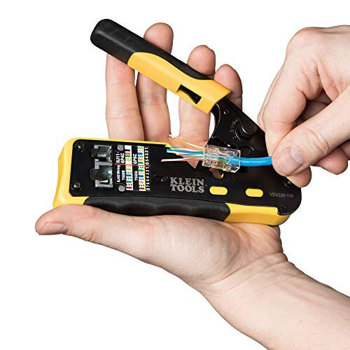 Klein Tools VDV226-110 Ratcheting Modular Data Cable Crimper / Wire Stripper / Wire Cutter for RJ11/RJ12 Standard, RJ45 Pass-Thru Connectors - 6