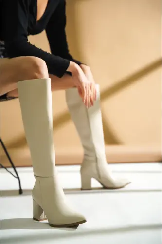 Kleo Beige Leather Heeled (7cm) Side Zippered Daily Use Boot-Beige Leather 