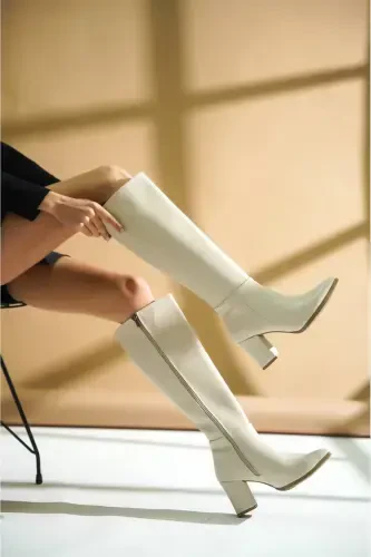 Kleo Beige Leather Heeled (7cm) Side Zippered Daily Use Boot-Beige Leather - 4