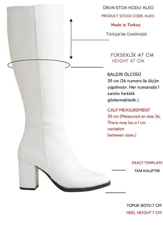 Kleo Beyaz Deri Topuklu (7cm) Yanı Fermuarlı Günlük Kullanım Çizme - beyaz - 2