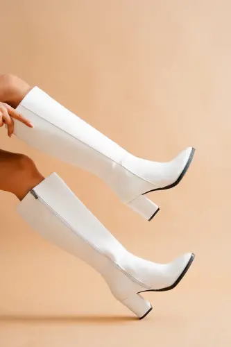 Kleo Beyaz Deri Topuklu (7cm) Yanı Fermuarlı Günlük Kullanım Çizme - beyaz - 4