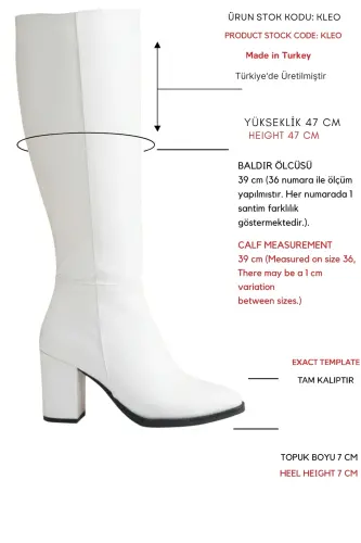 Kleo Beyaz Deri Topuklu (7cm) Yanı Fermuarlı Günlük Kullanım Çizme-beyaz - DİVOLYA (1)