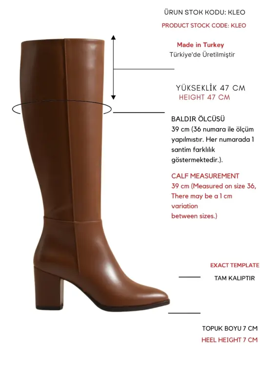 Kleo Kahverengi Deri Topuklu (7cm) Yanı Fermuarlı Günlük Kullanım Çizme-Kahverengi - 2