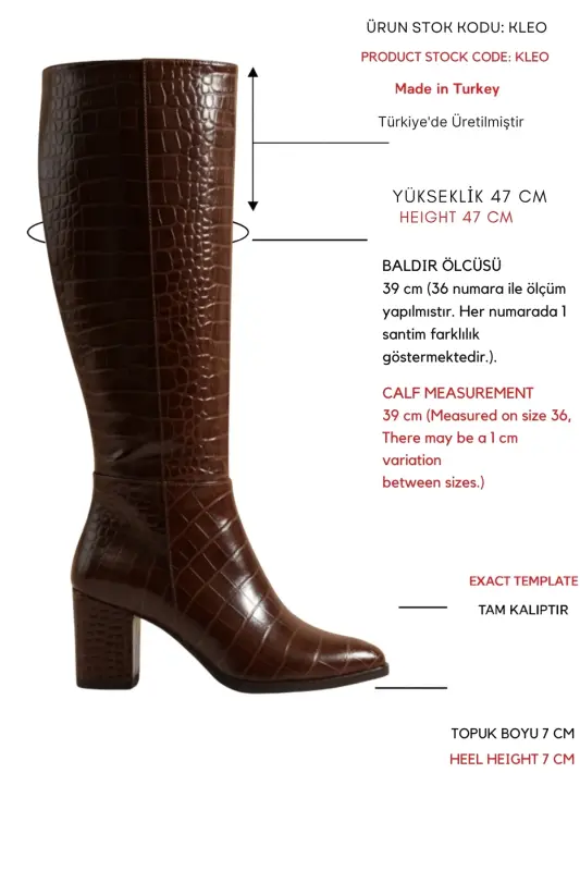 Kleo Kahverengi Krokodil Deri Topuklu (7cm) Yanı Fermuarlı Günlük Kullanım Çizme-Kahverengi Kroko - 2