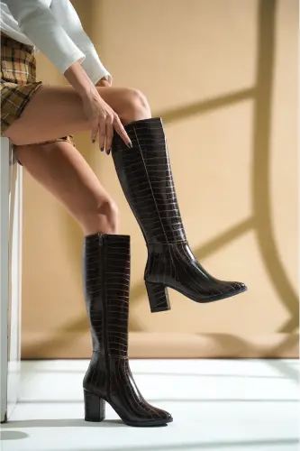 Kleo Kahverengi Krokodil Deri Topuklu (7cm) Yanı Fermuarlı Günlük Kullanım Çizme-Kahverengi Kroko - 5