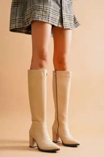 Kleo Nude Leather Heeled (7CM) Side Zipper Daily Use Boot-nude - 3