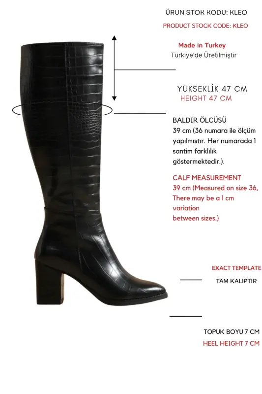 Kleo Siyah Krokodil Deri Topuklu (7cm) Yanı Fermuarlı Günlük Kullanım Çizme-Siyah Kroko - 2
