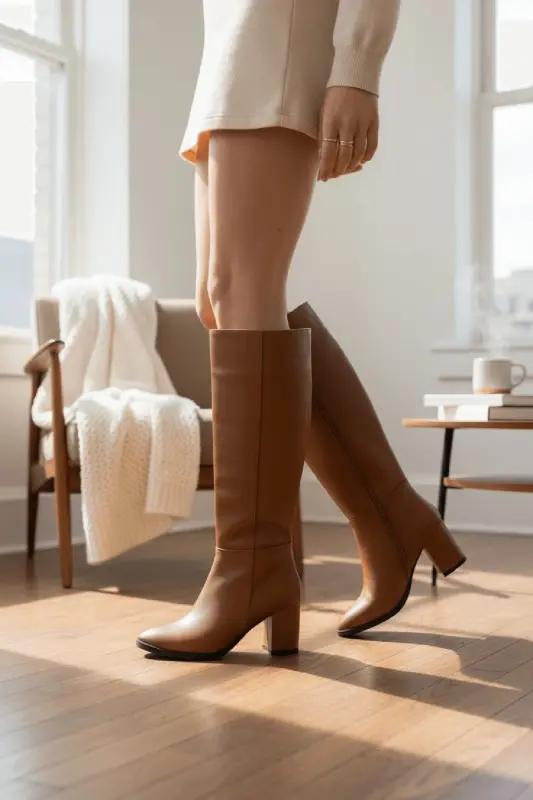 Kleo Taba Deri Topuklu (7cm) Yanı Fermuarlı Günlük Kullanım Çizme-Taba - DİVOLYA