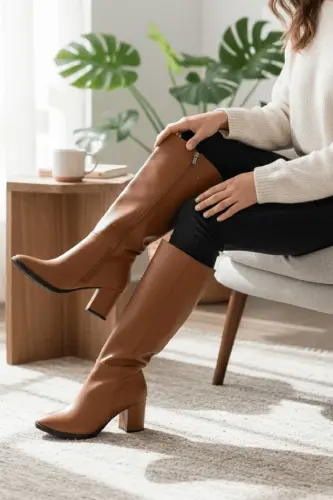 Kleo Taba Deri Topuklu (7cm) Yanı Fermuarlı Günlük Kullanım Çizme-Taba - 3