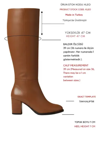 Kleo Taba Deri Topuklu (7cm) Yanı Fermuarlı Günlük Kullanım Çizme-Taba - 2