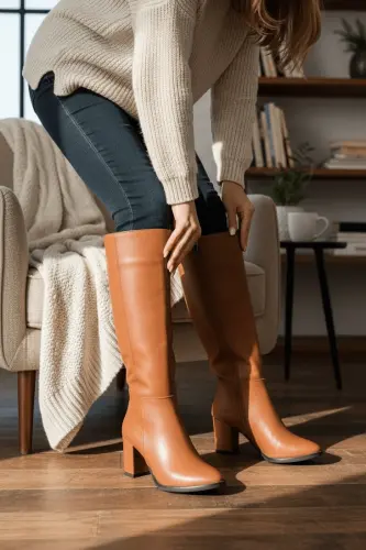 Kleo Taba Deri Topuklu (7cm) Yanı Fermuarlı Günlük Kullanım Çizme-Taba - 5