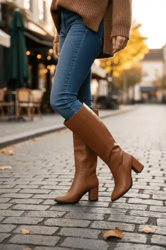 Kleo Taba Deri Topuklu (7cm) Yanı Fermuarlı Günlük Kullanım Çizme-Taba - 6