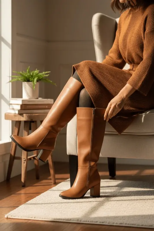 Kleo Taba Deri Topuklu (7cm) Yanı Fermuarlı Günlük Kullanım Çizme-Taba - 7