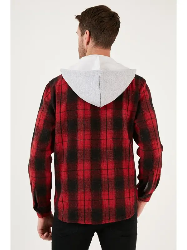 Клетчатая рубашка дровосека с капюшоном и двумя карманами CF22W2650-Kirmizi - 5