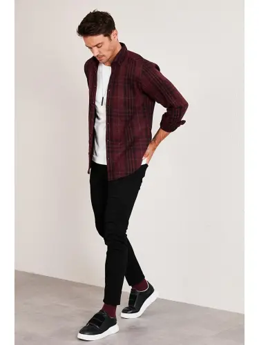 Клетчатая зимняя рубашка дровосека с длинным рукавом CF21W112844-Bordo - 5