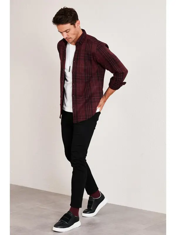 Клетчатая зимняя рубашка дровосека с длинным рукавом CF21W112844-Bordo - 5