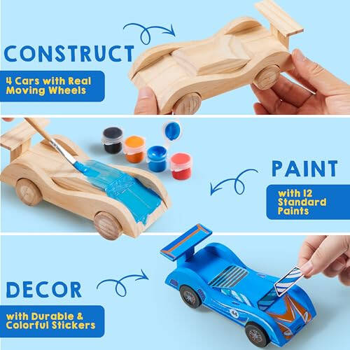 Klever Kits 4 DIY Wooden Race Cars-Build & Paint Your Own Wood Craft Kit, 4 Race Cars Toy, Easy to Assemble Arts Crafts Kit, Birthday Party Presents for Kids Boys and Girls - 1