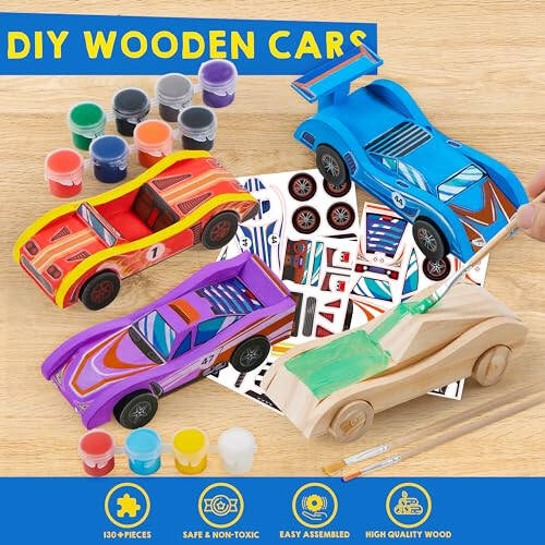 Klever Kits 4 DIY Wooden Race Cars-Build & Paint Your Own Wood Craft Kit, 4 Race Cars Toy, Easy to Assemble Arts Crafts Kit, Birthday Party Presents for Kids Boys and Girls - 4