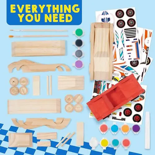 Klever Kits 4 DIY Wooden Race Cars - Build & Paint Your Own Wood Craft Kit, 4 Race Cars Toy, Easy to Assemble Arts Crafts Kit, Birthday Party Presents for Kids Boys Ages 6 and Up - 2