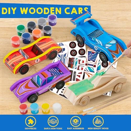 Klever Kits 4 DIY Wooden Race Cars - Build & Paint Your Own Wood Craft Kit, 4 Race Cars Toy, Easy to Assemble Arts Crafts Kit, Birthday Party Presents for Kids Boys Ages 6 and Up - 4