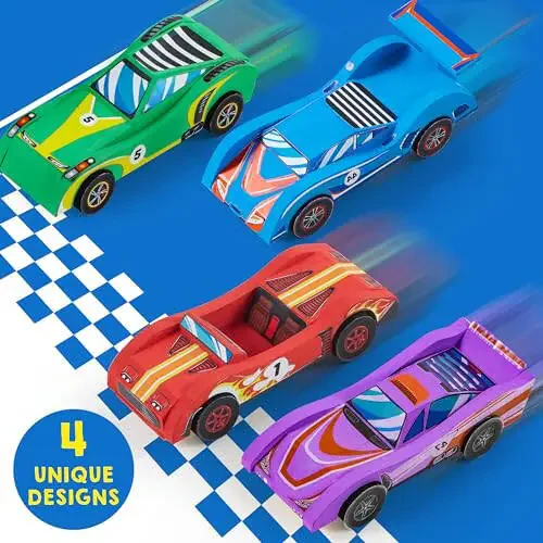 Klever Kits 4 DIY Wooden Race Cars - Build & Paint Your Own Wood Craft Kit, 4 Race Cars Toy, Easy to Assemble Arts Crafts Kit, Birthday Party Presents for Kids Boys Ages 6 and Up - 5