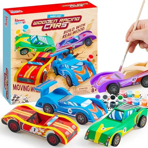 Klever Kits 4 DIY Wooden Race Cars - Build & Paint Your Own Wood Craft Kit, 4 Race Cars Toy, Easy to Assemble Arts Crafts Kit, Birthday Party Presents for Kids Boys Ages 6 and Up - 6