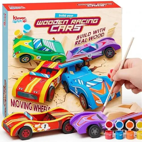 Klever Kits 4 DIY Wooden Race Cars - Build & Paint Your Own Wood Craft Kit, 4 Race Cars Toy, Easy to Assemble Arts Crafts Kit, Birthday Party Presents for Kids Boys Ages 6 and Up - 1