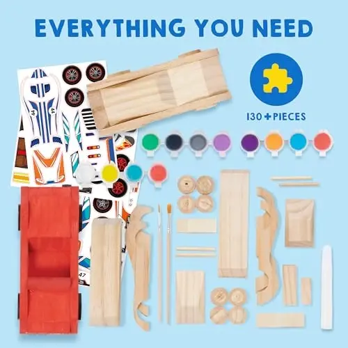 Klever Kits 4 dona DIY yog'och poygachilar - O'z yog'och hunaringizni qurib va bo'yang, 4 poygachilar o'yinchog'i, Oson yig'iladigan san'at hunarmandchilik to'plami, 6 yosh va undan katta bolalar uchun tug'ilgan kun partiyasi sovg'alari - KLEVER KITS (1)