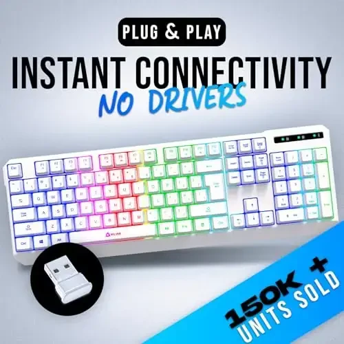 KLIM Chroma White Wireless Keyboard – RGB Backlit, Rechargeable Battery, Wireless Keyboard with Water-Resistant Durable Design, Compatible with PC, Mac, PS4, PS5 - KLIM (1)