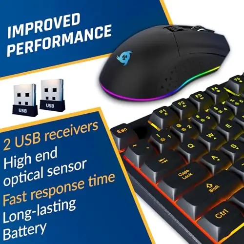 KLIM Chroma Wireless Keyboard and Mouse – RGB Backlit Gaming Combo, Rechargeable Wireless Keyboard & RGB Mouse, Durable & Ergonomic, Dual USB Receivers, Compatible with PC, Mac, PS4, PS5 - 5