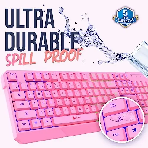 KLIM Chroma Pink Simsiz Klaviatura – RGB Orqa yoritgichli, Qayta zaryadlanuvchi batareya, Suvga chidamli bardoshli dizaynga ega simsiz klaviatura, Kompyuter, Mac, PS4, PS5 bilan mos keladi - 6