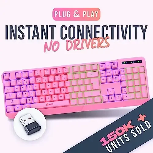 KLIM Chroma Pink Simsiz Klaviatura – RGB Orqa yoritgichli, Qayta zaryadlanuvchi batareya, Suvga chidamli bardoshli dizaynga ega simsiz klaviatura, Kompyuter, Mac, PS4, PS5 bilan mos keladi - 2