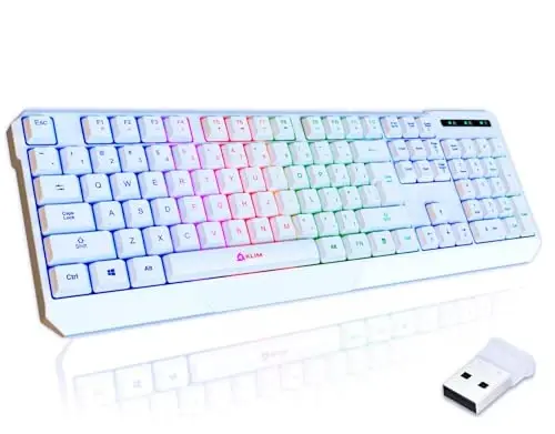 KLIM Chroma White simsiz klaviatura – RGB yoritgichli, qayta zaryadlanuvchi batareya, suvga chidamli bardoshli dizaynli simsiz klaviatura, PC, Mac, PS4, PS5 bilan mos keladi - 1