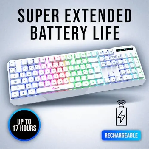 KLIM Chroma White simsiz klaviatura – RGB yoritgichli, qayta zaryadlanuvchi batareya, suvga chidamli bardoshli dizaynli simsiz klaviatura, PC, Mac, PS4, PS5 bilan mos keladi - 3